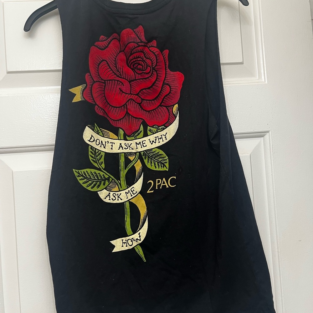 Tupac Black Tank Top with Red Rose Graphic Lace up front